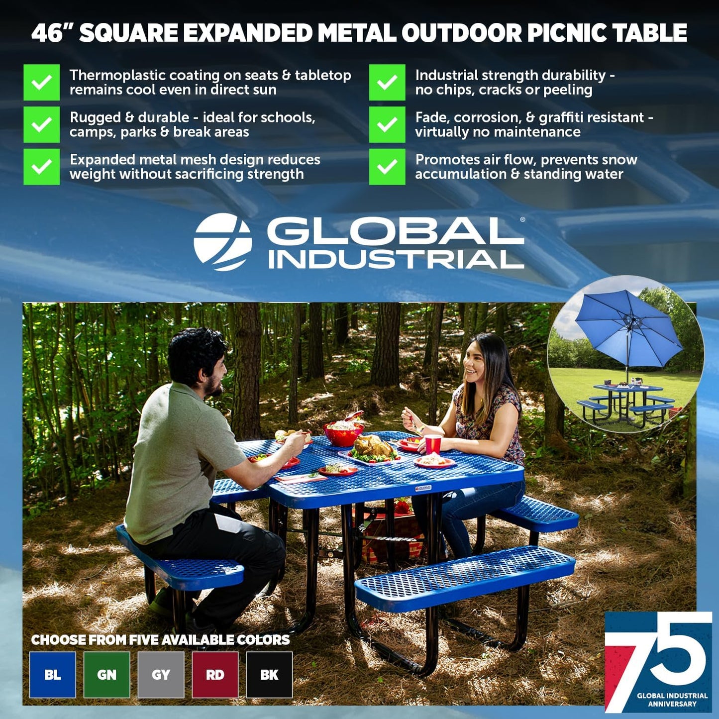 Global Industrial 46" Square Picnic Table, Expanded Metal, Black Thermoplastic Coating, Attached Benches, 1-1/2” Umbrella Pole Hole, Outdoor-Rated, 1000 lb Capacity