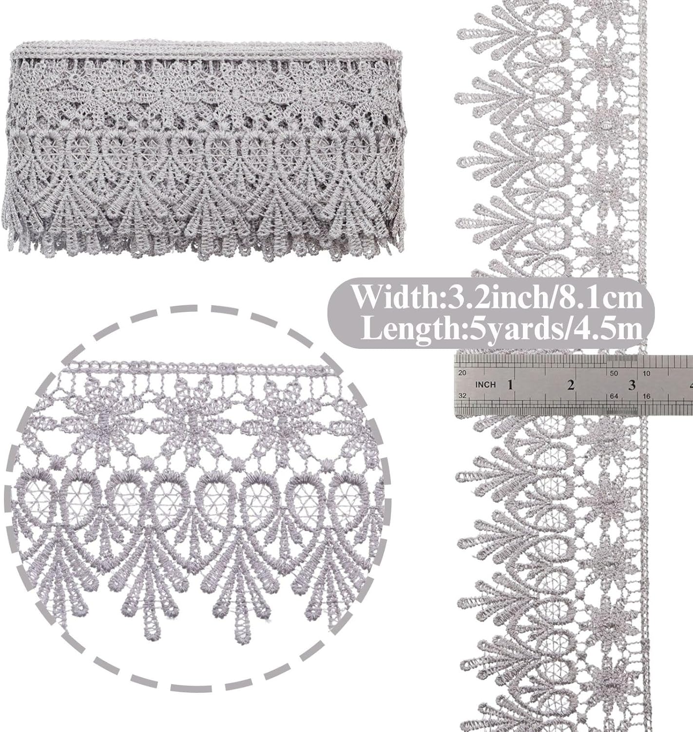 GXTIZAS Gray Lace Trim 5 Yards Wide Venise Lace Ribbon Embroidered Edge Trim for Sewing Crafts Pillow Case