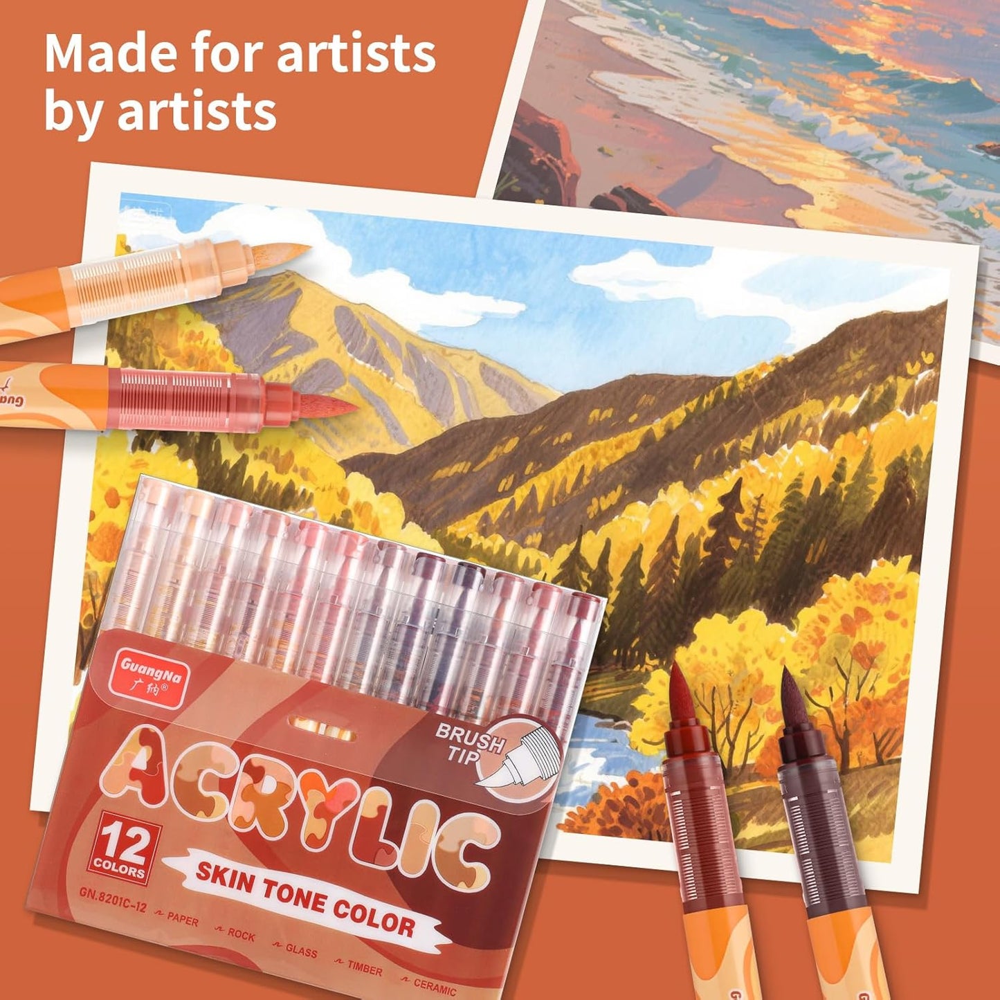 Guangna Acrylic Paint Markers 12 Colors, Skin Tone Series Set with Soft Brush Tip Water Based, Fine Tip Markers for Wood, Canvas, Rock Painting, Glass, Diy Crafts, Fabric Paint