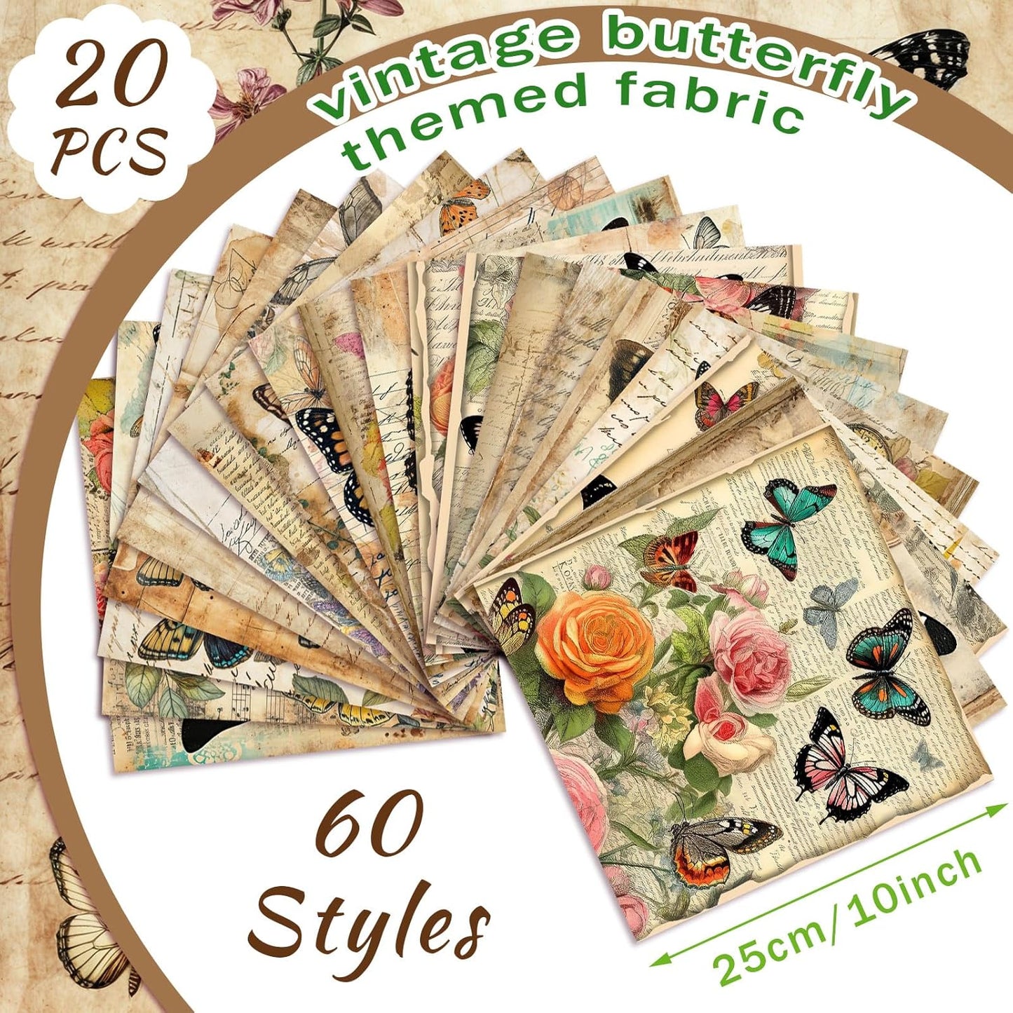 Ganeen 60 Pcs 10 x 10 Inch Vintage Butterfly Quilting Fabric Squares Summer Butterfly Fabric Bundle Retro Fat Patchwork Precut Stripes for Handmade Material Sewing DIY Crafts