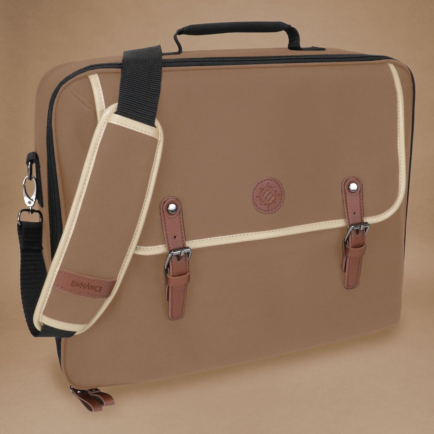 ENHANCE Designer Edition TCG Bag - MTG Shoulder Bag with Customizable Dividers & Accessory Pocket for Deck Boxes, Dice - Card Storage Compatible with Magic the Gathering, Lorcana (Tan)