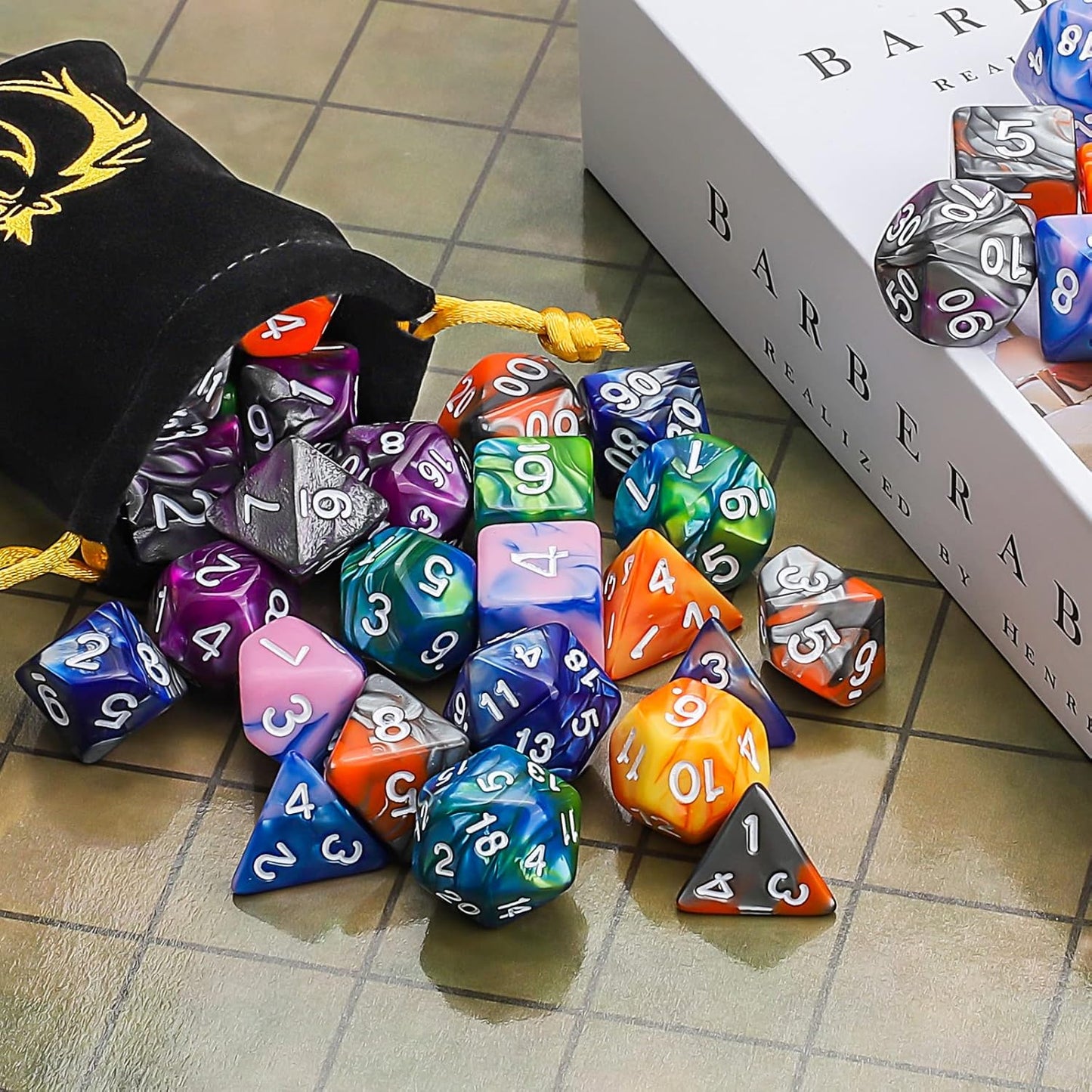 CiaraQ DND Polyhedral Dice Set (42pcs) with 6 Gold Pattern Drawstring Pouches for Dungeons and Dragons RPG MTG Table Games. 6 X 7 Double-Colors Dice Sets (D4 D6 D8 D10 D% D12 D20)