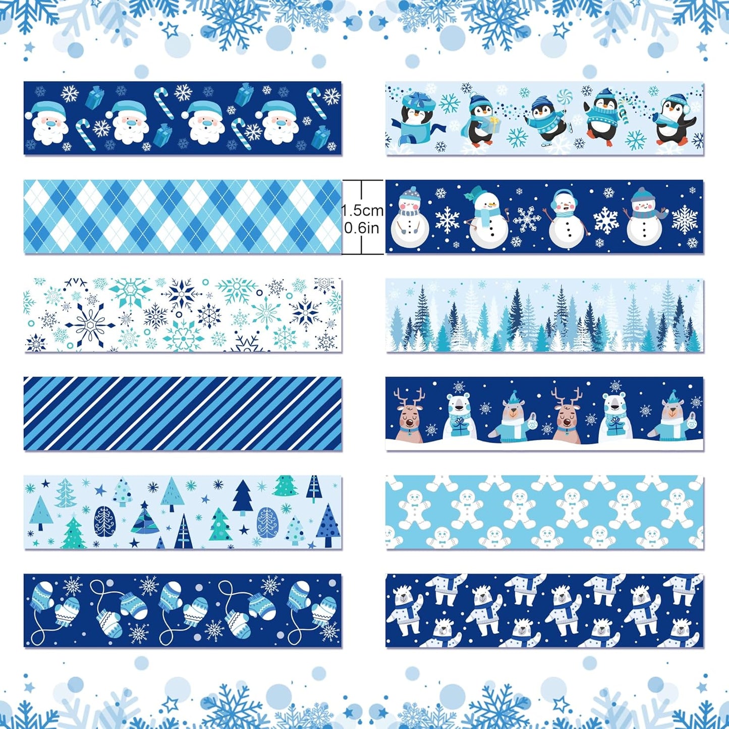 12 Pcs Christmas Washi Tape Blue Snowflake Print Masking Tape Frozen Pattern Decorative Paper Sticker for Christmas Party Holiday Scrapbook Handbook Sticker