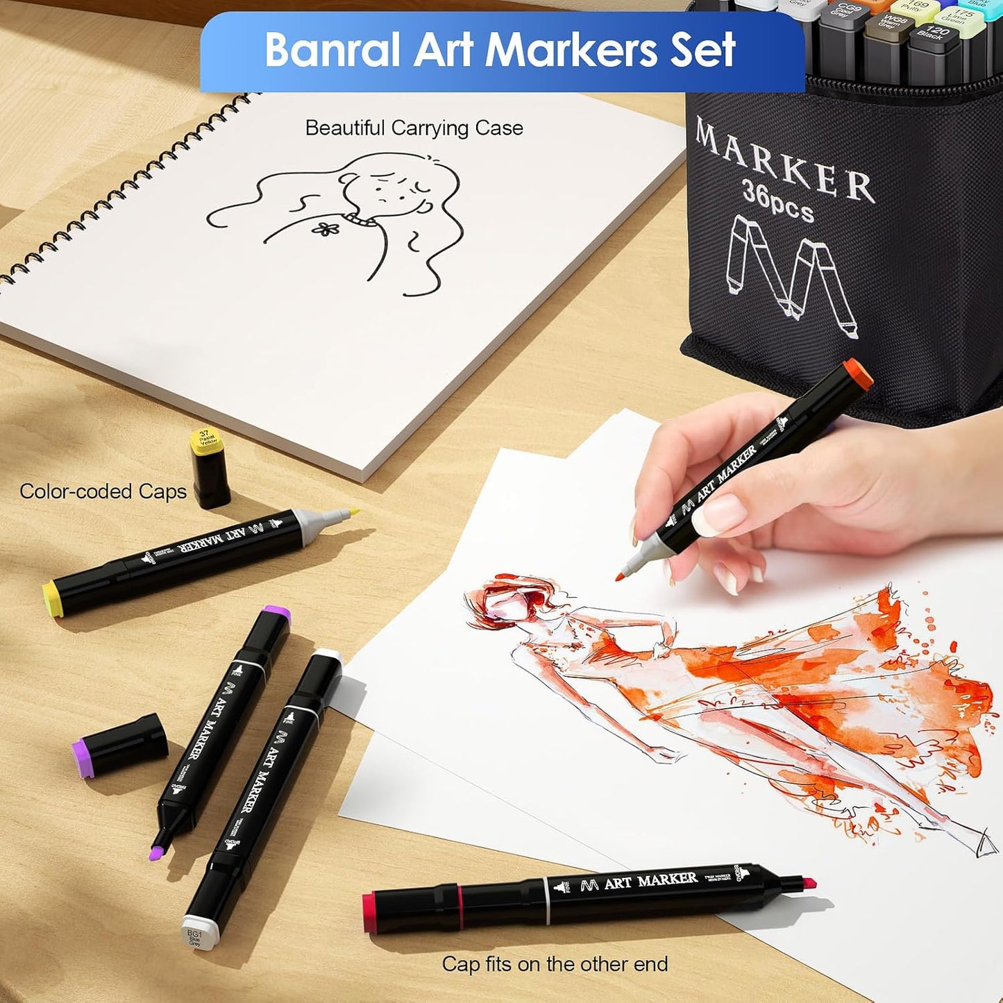 Banral 36 Colors Alcohol Markers Set, Dual Tip Alcohol Based Art Marker for Artists Kids Adult Coloring, Permanent Illustration Sketch Pens for Drawing with Case and Holders