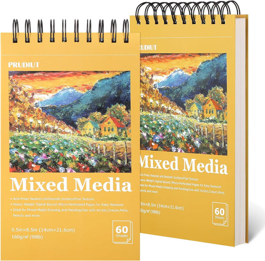 A5 Sketchbook, 2 Pack Mixed Media Sketchbook 120 Sheets Total, 98lb/160g/m² Heavy Weight Spiral Artist Sketchbook for Sketching, Crayons, Acrylics, Crafts, Ideal Gift