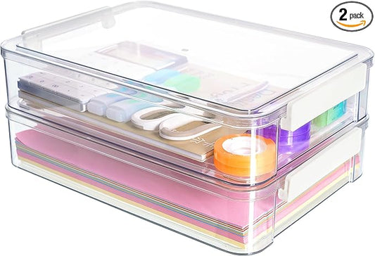 Citylife 2 PCS 6 Qt Plastic Storage Bins with Lids and Latches, Portable Stackable Storage Bins, Clear Plastic File Box for Organizing A4 Paper, Letters, Documents, Art Supplies, and Crafts