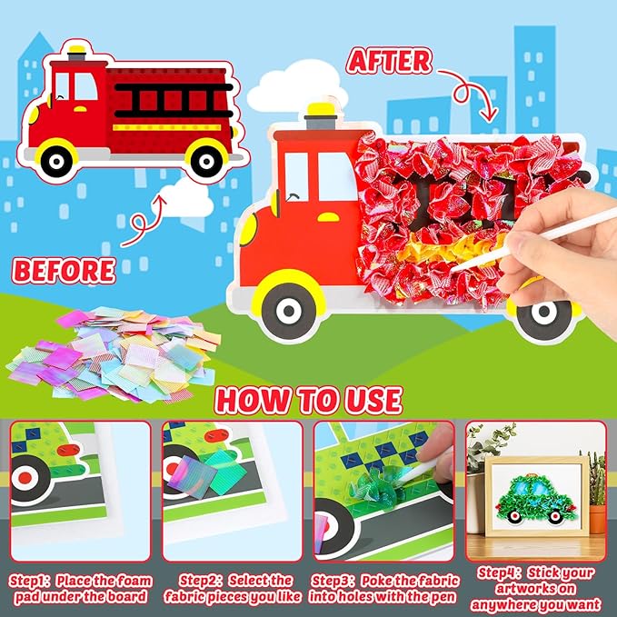 8PCS Poke-in Craft and Art Kit Transportation Vehicle Theme No-Mess Fabric Sewing Art Puzzle Puncture Painting Truck Car Toy Gift Creative Activity Game Birthday Party