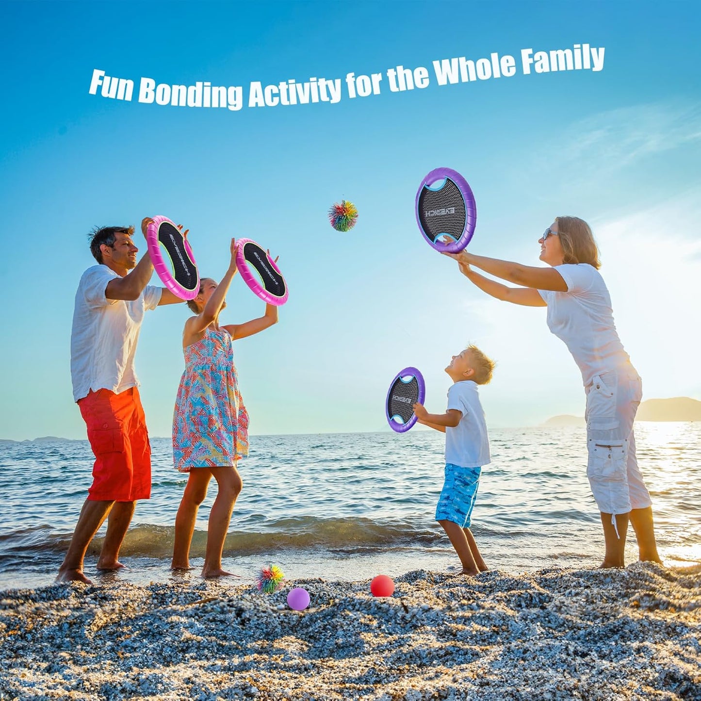 EVERICH TOY Trampoline Paddle Ball Set with 2 Bouncy Paddles & 4 Balls - Soft Foam Design for Kids Play Indoor Outdoor Beach Backyard Lawn - Great Gift Idea for Boys & Girls (Pink & Purple)