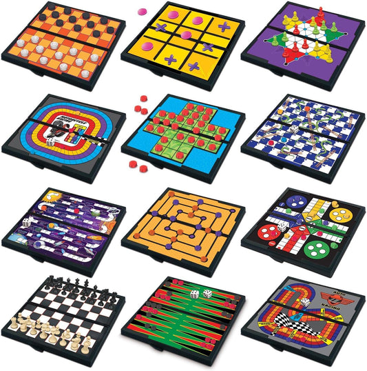 Gamie Magnetic Board Travel Games for Kids, Set Includes 12 Retro Fun Games - 5" Compact Design - Individually Boxed - Teaches Strategy & Focus, Great for Road Trip/Travel/Camping, Gift for Ages 6+