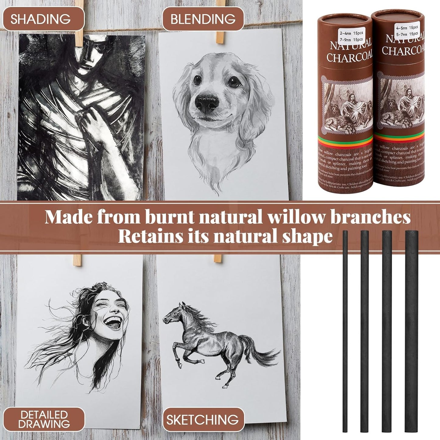 Gueevin 60 Pcs Willow Charcoal Sticks, Willow Charcoal, Artists, Beginners, Students, Perfect for Sketching, Drawing, Shading, and Fine Art Christmas Gifts for Art (2-4mm，4-5mm，5-7mm，7-9mm)