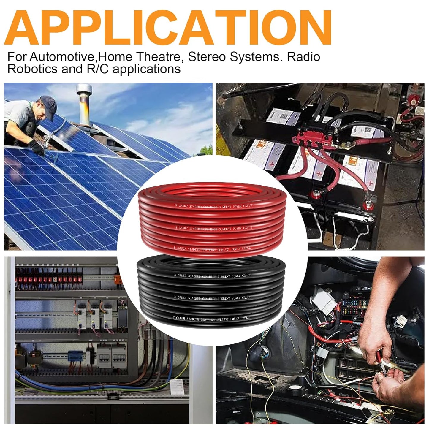 100FT 8 Gauge Wire Copper Clad Aluminum CCA Black/Red with 8ga lugs,60A Fuse Holder,Heat Shrink Tube - Battery Power/Ground Cable,Car Audio Speaker,RV Trailer Amp Wiring kit (50ft Each- Black/Red)