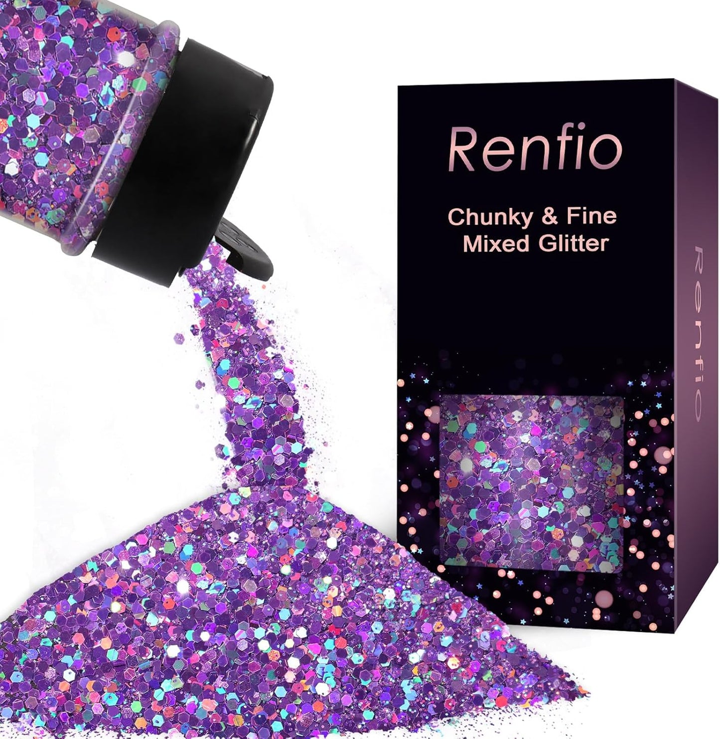 Renfio 2 Sizes Glitter, 2.11oz/60g Purple Glitter, Holographic Fine Glitter Mix Chunky Glitter for Crafts Sequins Valentines Resin Glitters PET Flakes for Nail Art Tumblers Slime - Laser Light Purple