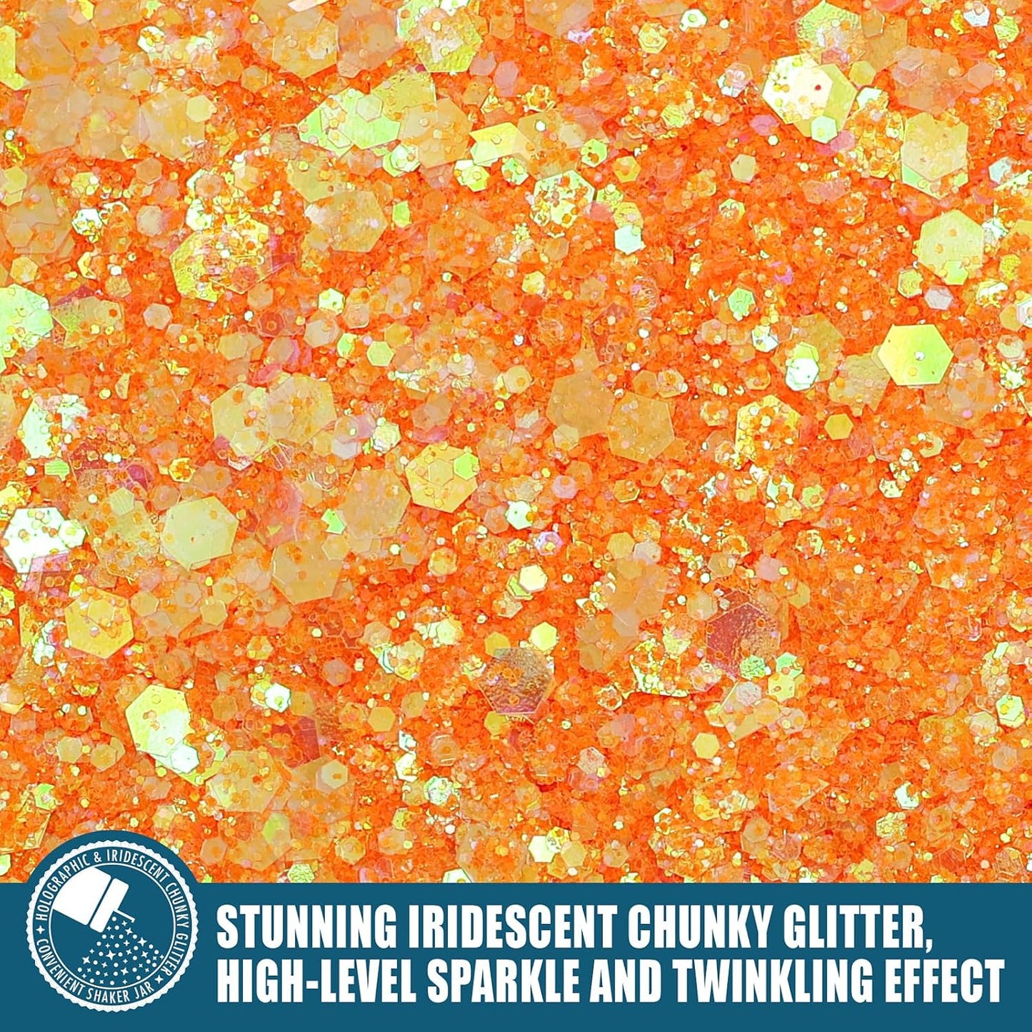 Iridescent Chunky Glitter 5.64oz/160g, Ultra Fine Glitter Powder Mixed Chunky PET Flakes Sequins for Resin Epoxy Craft Arts, Tumbler, Cosmetic Glitter for Body Nail Hair Eye Party Festival (Orange)