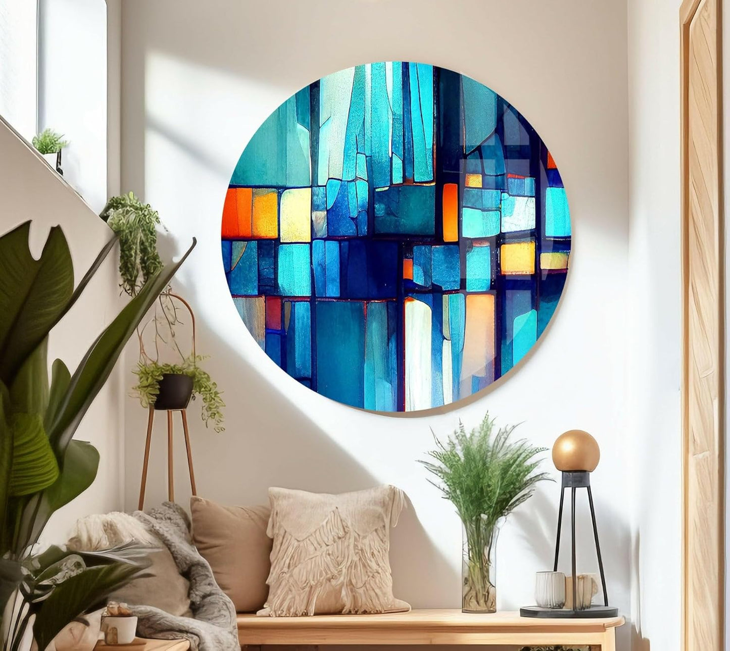 My Photostation.com Round 24'' Blue Vibrant Stained Glass Wall ArtTempered Glass Printing Wall Decor Large Wall Art Wall Hangings