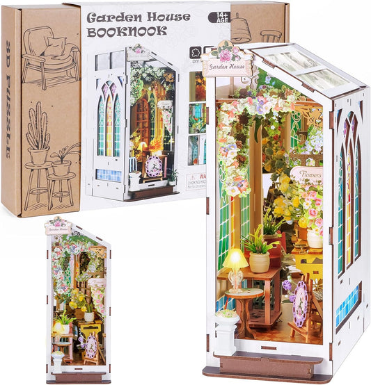 Book Nook Kits for Adults, Miniature House 3D Puzzle Kit for Teens, DIY Crafts for Adults, Bookshelf Decor Garden House with LED Light, Gifts for Family and Friends