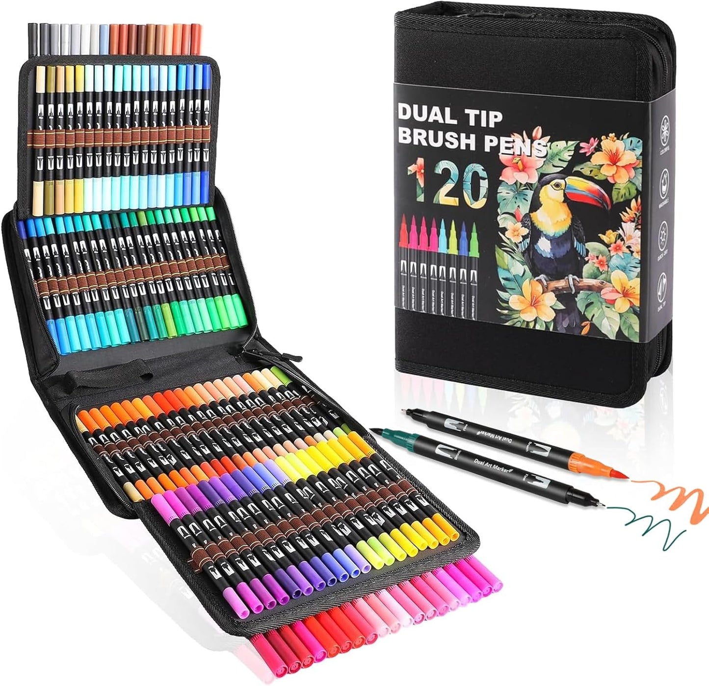 Dual Tip Markers, Double Brush Art Markers Set with Fine Tip and Brush Tip for Adult Coloring Book, Hand Lettering, Calligraphy & Drawing, Art Supplies Kit for Kids and Adults (120 Colors)