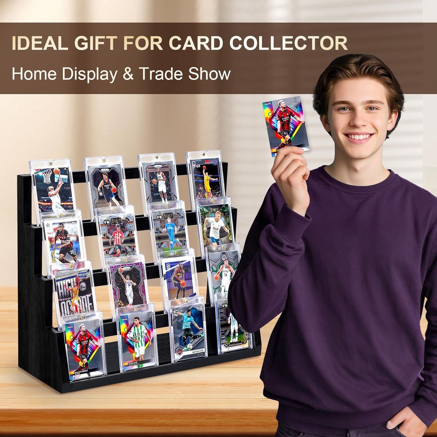 Emfogo Card Display Stand, 4-Tier Trading Card Display, Wooden Graded Baseball Sports Card Display, Trading Card Display Case for Card Collection & Show (Black)