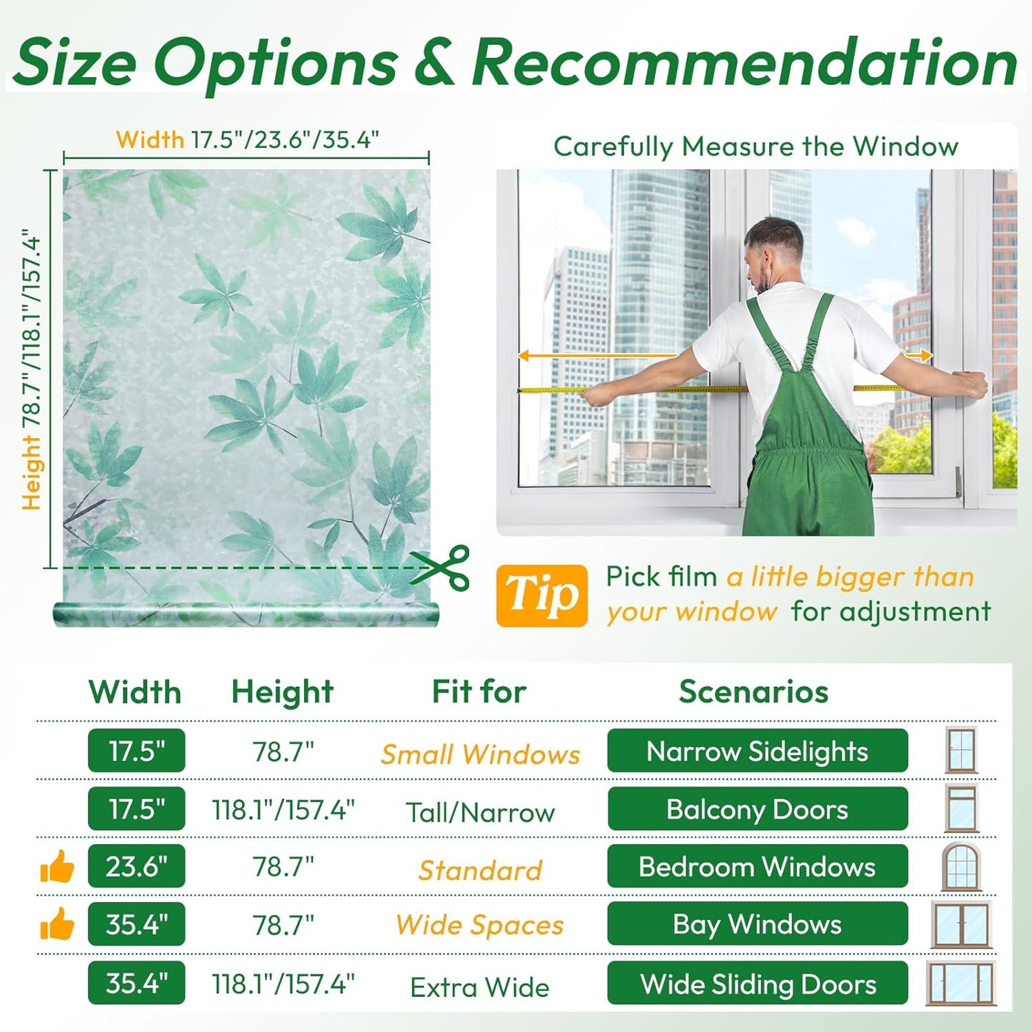 rabbitgoo Rainbow Window Privacy Film Decorative Stained Glass Diamond Pattern Window Sticker with Iridescent Tint Non-Adhesive Static Cling for Home Office Bathroom, Green Leaf 35.4 x 78.7 inch