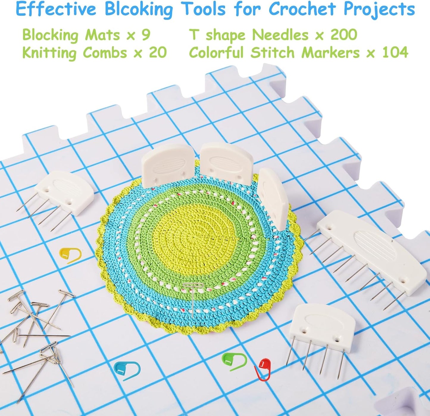 MEVOME Blocking Mats for Knitting with 20pcs Knitting Blockers 200 T-pins 104 Locking Stitch Markers, Extra Thick Block Boards with Grids Storage Bag for Needlepoint Crochet - Pack of 9 (White)