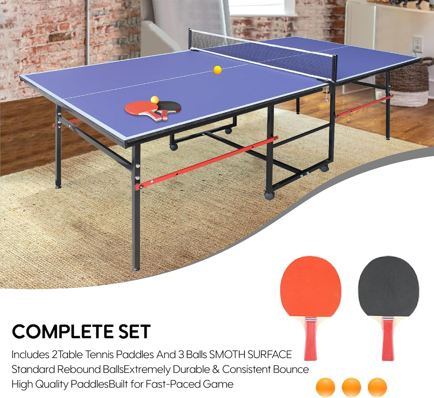 Professional Foldable Ping Pong Table for Indoor & Outdoor - 8FT Mid-Size Table Tennis Table with Net, 2 Table Tennis Paddles and 3 Balls - Quick & Easy Assembly