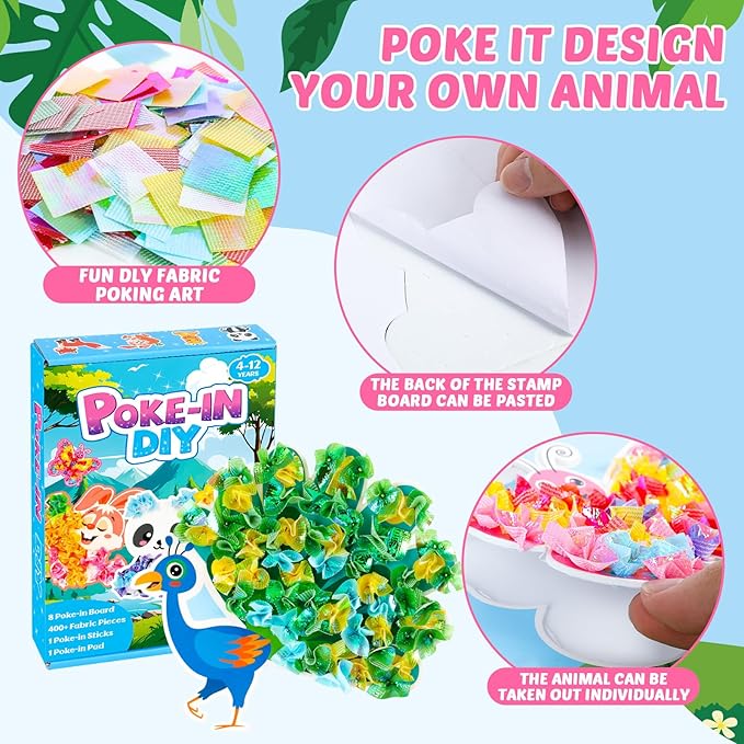 8PCS Poke-in Craft and Art Kit Animal Theme No-Mess Fabric Sewing Art Puzzle Puncture Painting DIY Jungle Animal Toy Gifts for Creative Activity Game Birthday Party