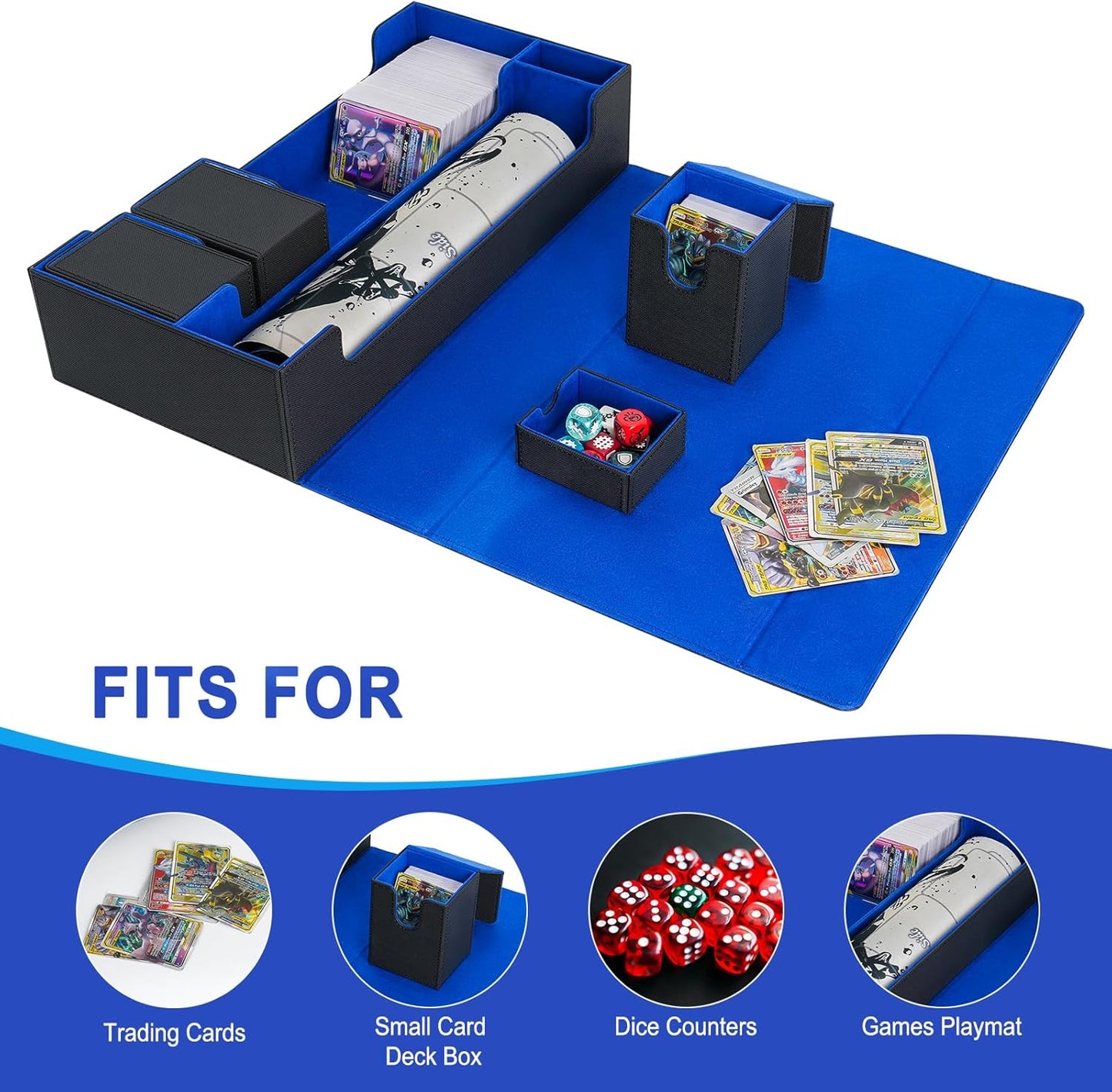 Card Deck Box,X-Large Premium Trading Card Storage Case with Mat and Dice Compartment,Magnetic Game Deck Display Case Compatible with MTG/TCG/Yugioh/Magic/Commander(Black＆Blue)