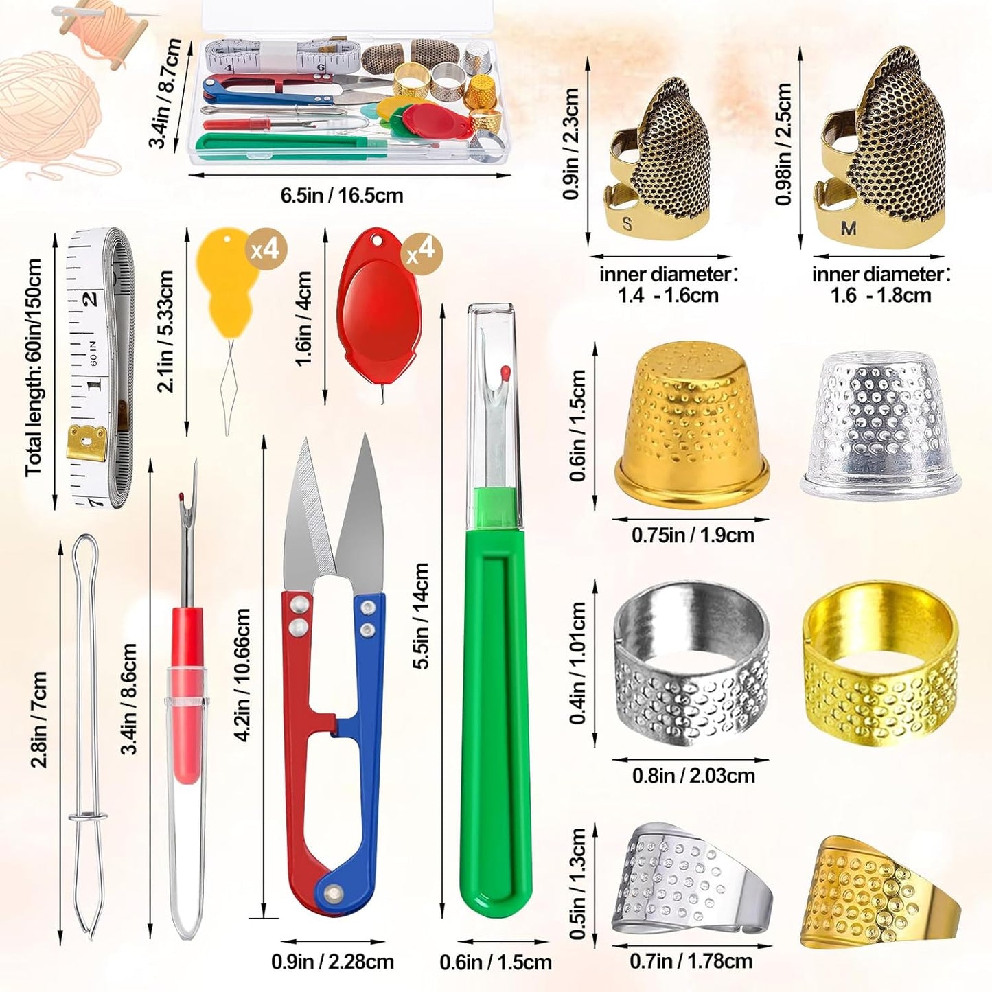 CousDUoBe Sewing Thimble Kit,thimbles for Hand Sewing，Needle threaders，Seam Rippers for Sewing，Measuring Tape and Thread Snips, Hand Embroidery Craft（Complete Sewing Kit）