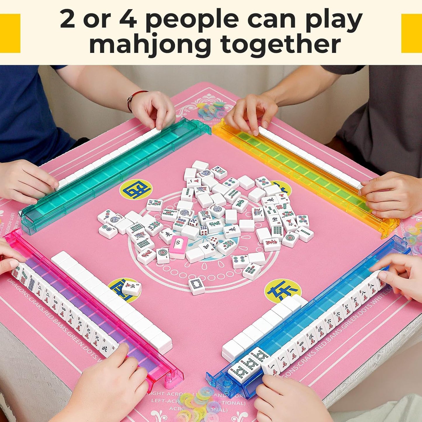 Mahjong Tile Set,166 White Tiles Mahjong Set,4PCS Mahjong Racks with Pushers,Travel Mahjong Set with Flower Carrying Bag