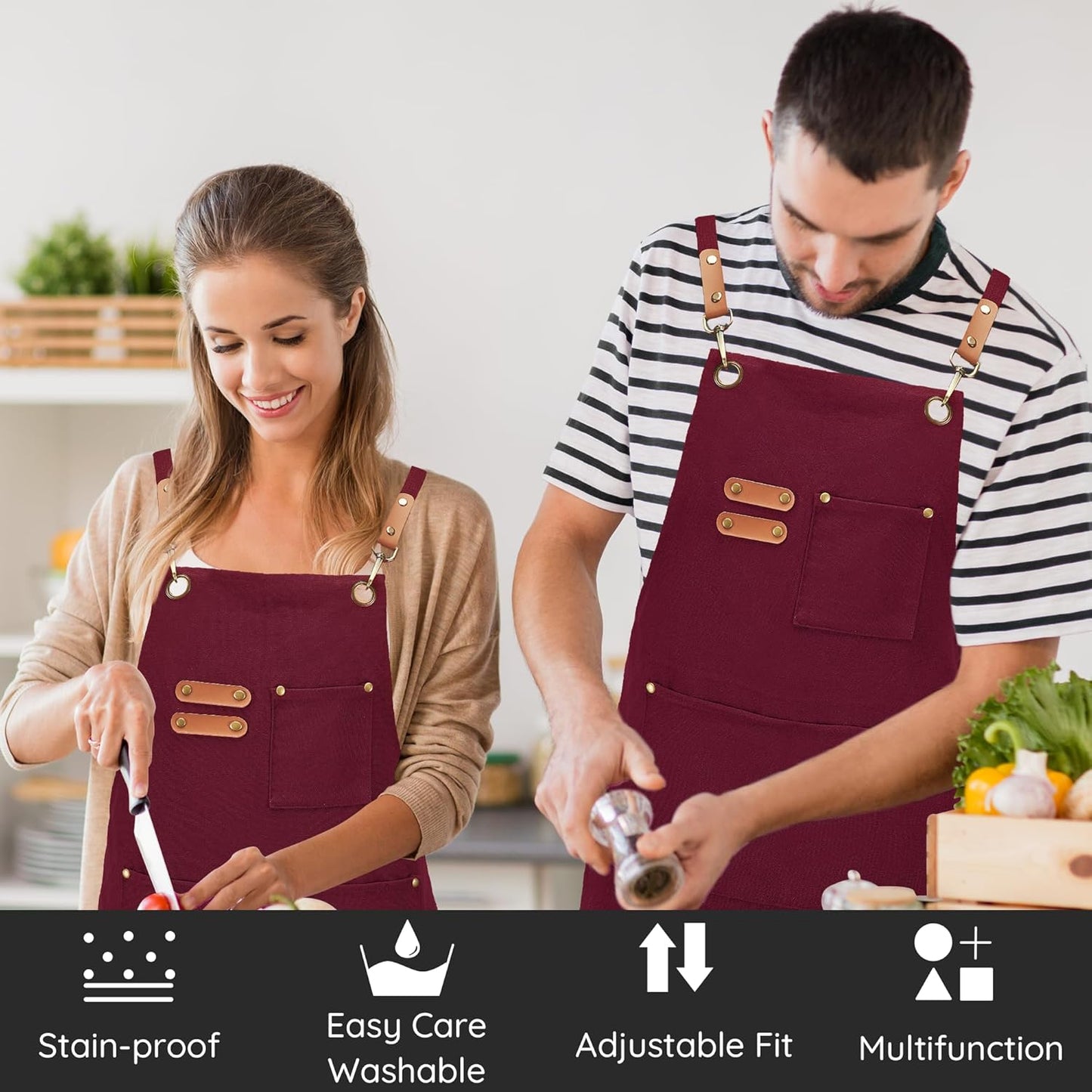 Canvas Aprons, Kitchen Chef Aprons, Work Aprons for Men Women, Adjustable Strap Aprons with 3 Pockets