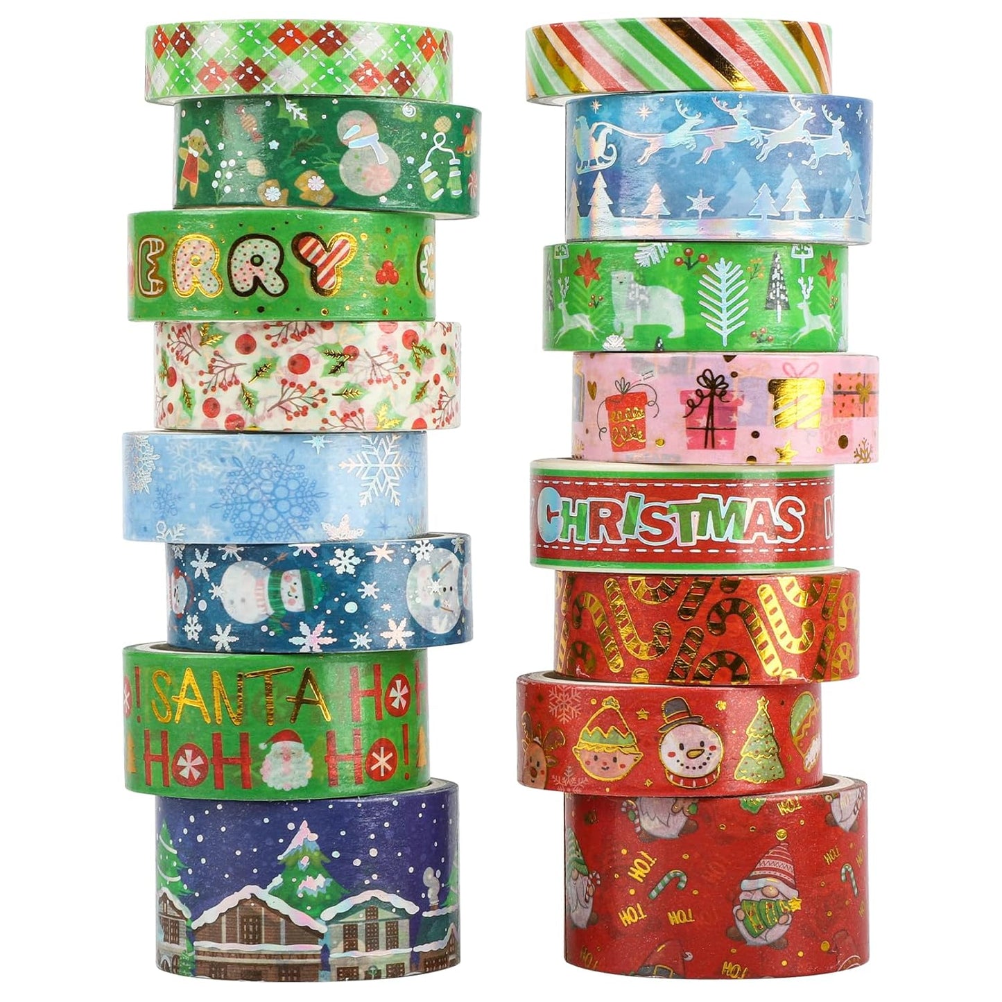 16 Rolls Christmas Washi Tape Holiday Masking Tape Red Green Christmas Wrapping Tape Glod Silver Foil Decorative Tape for Christmas Scrapbook Journal DIY Craft Gift Wrapping（Xmas