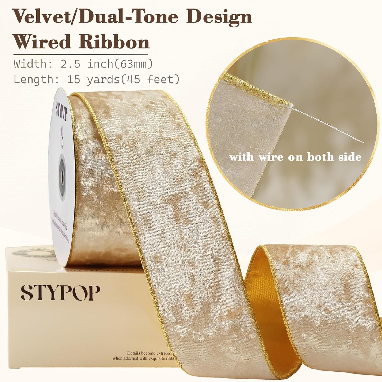 Champagne Christmas Velvet Ribbon Wired (2.5" × 15 Yards) - Christmas Ribbon for Christmas Tree Decoration/Gift Wrapping/Crafts Wreaths Supplies