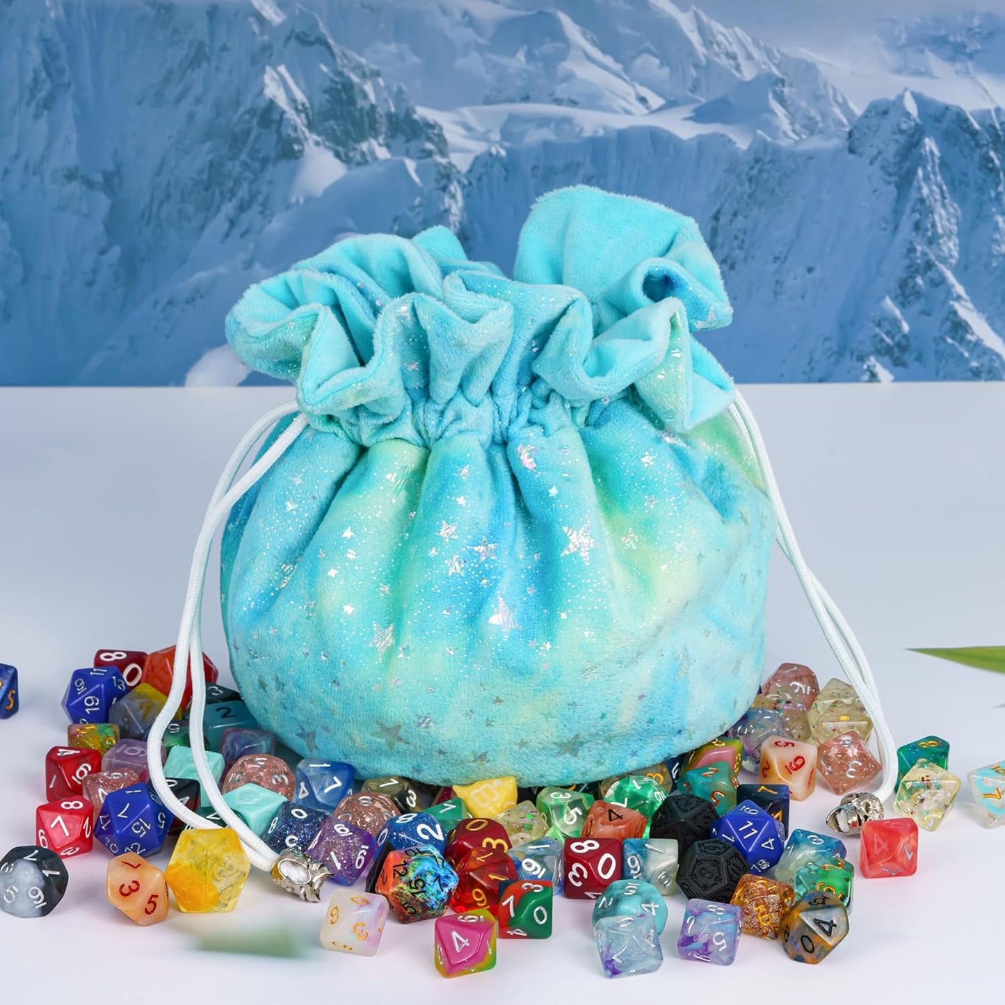 DND Dice Bags Large with Pockets Cyan Storage Bag Star Pattern for D&D RPG Game - Capacity 200+ Polyhedral Die