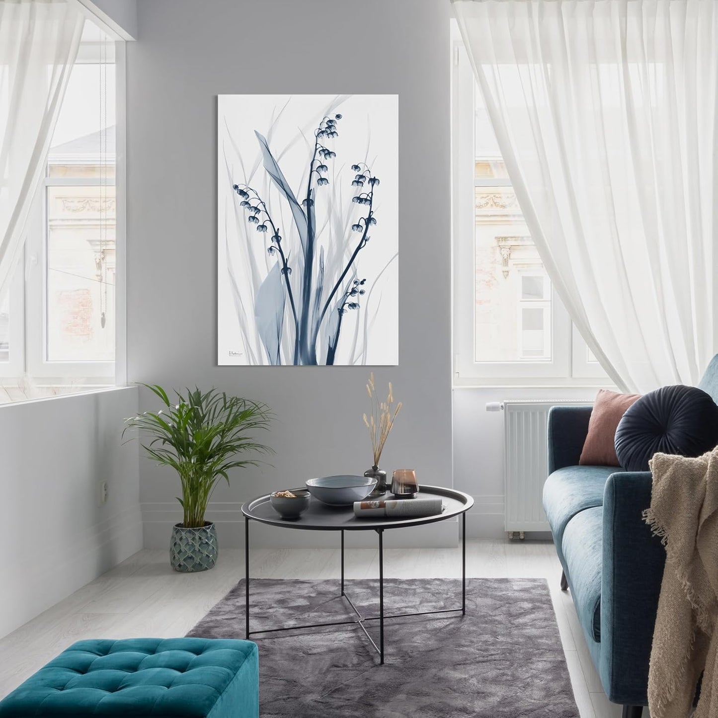 Empire Art Direct Frameless Free Floating Tempered Glass Panel Graphic Wall Art Ready to Hang, 32" x 48", Radiant Blues 2, Blue Flower