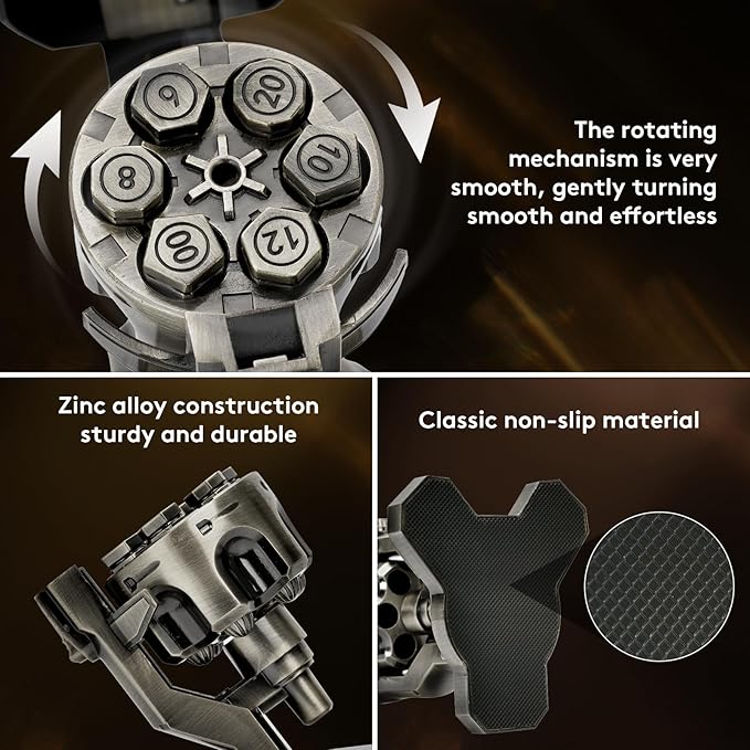 ASTRANOVA Metal Bullet Dice Set with Spinning Revolver Cylinder Holder for DND, Tabletop Games(Gunmetal Grey)