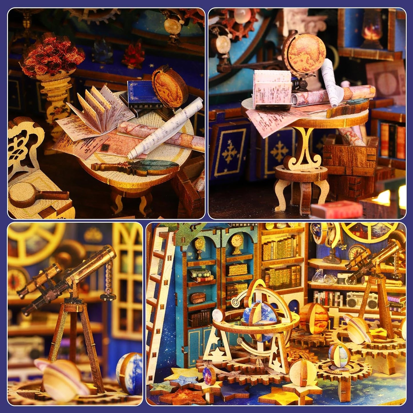 DIY Book Nook Kit Dollhouse Magic Booknook Bookshelf Insert Decor 3D Wooden Puzzle Bookend Miniature Kit with Sensor Light Creative Craft/Home Decoration for Adult (Interstellar Exploration)