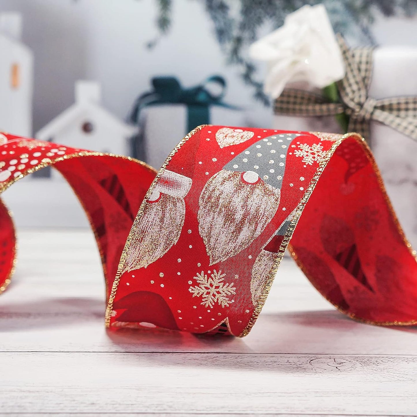 CT CRAFT LLC Red Satin with Elf Christmas Wired Ribbon 2.5 Inch x 25 Yards for Christmas Home Decor Tree Topper Bow Gift Wrapping DIY Crafts Wreath Garland