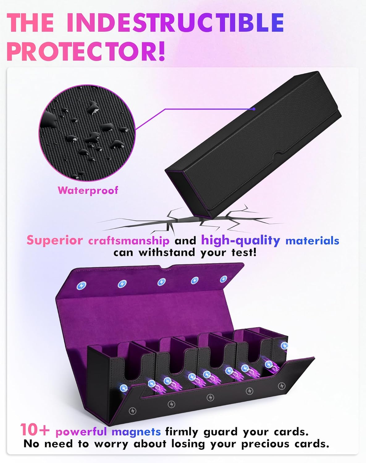 Card Deck Box with Dice Tray for MTG, 5 in 1 Card Deck Case Holds 800+ Unsleeved Cards, Strong Magnet Organizer Compatible with Yugioh TCG Sports Cards (Black Purple)