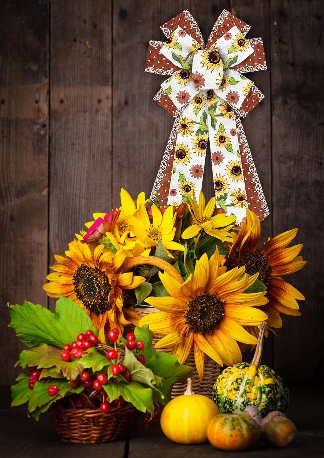 2 Rolls 10 Yard Thanksgiving Fall Wired Ribbon for Crafts Wreath Bow Making Sunflower Dot Ribbon Autumn Harvest Burlap Ribbon for Wrapping Thanksgiving Party Home Decoration 2.5''