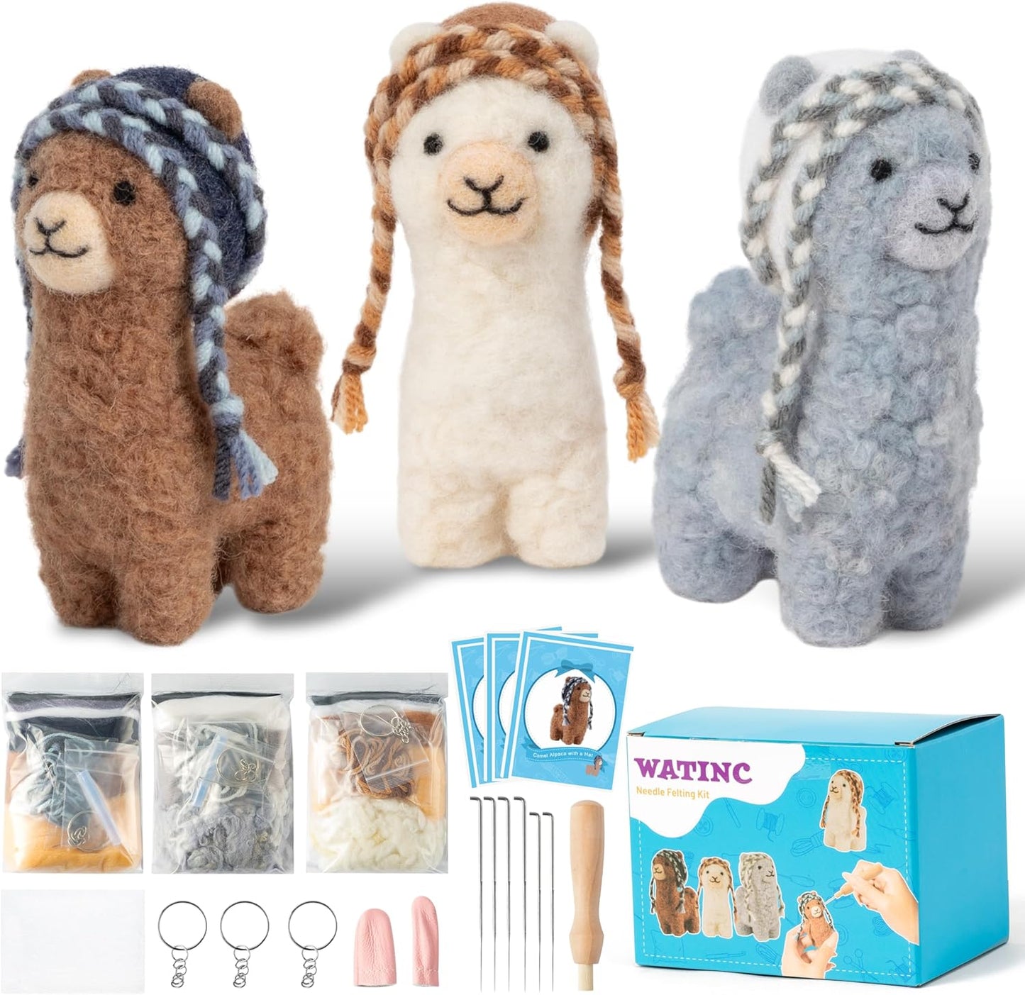 WATINC Needle Felting Kit - 3 Set Unique Different Cute Doll Wool Felt Needle Tools Foam Pad Instruction, DIY Home Decoration Craft Party Supplies for Art Work Starter Beginners (Alpaca)