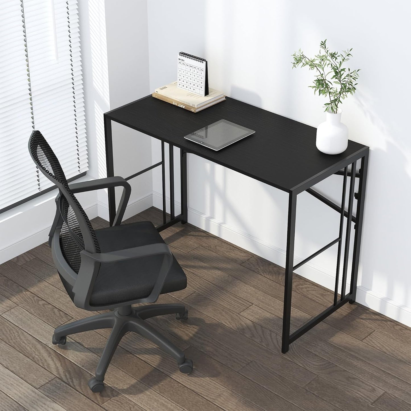 Narrow Folding Computer Desk 35 inch, Writing Gaming Computer Desk for Small Spaces, No Assembly Required Small Office Table, Black