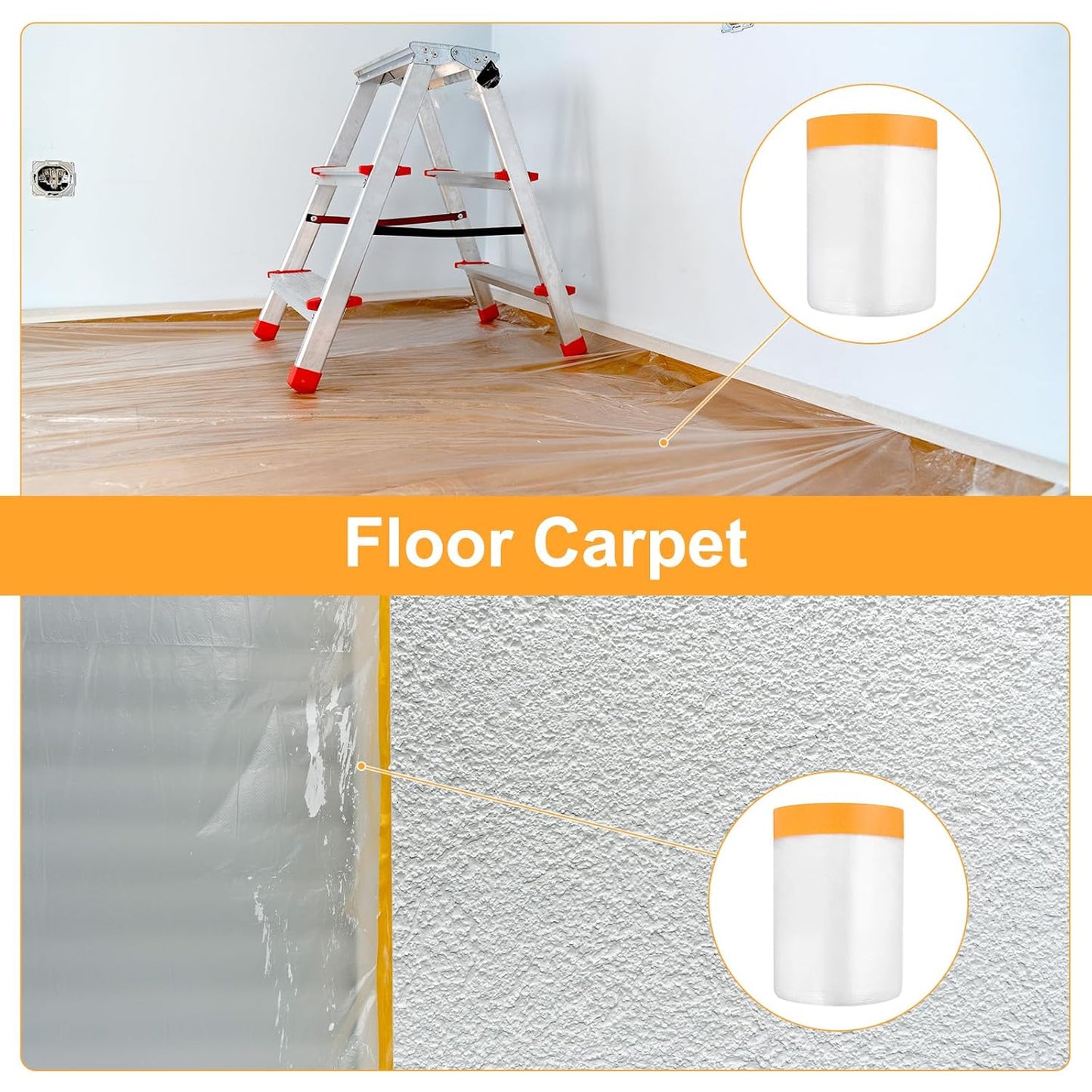 uxcell 6 Rolls Painters Plastic with Tape, 2 x 59 Ft Pre-Taped Masking Film Tape and Plastic Film Paint Plastic Covering Roll for Covering Skirting, Frames and Auto Body, Yellow/Clear