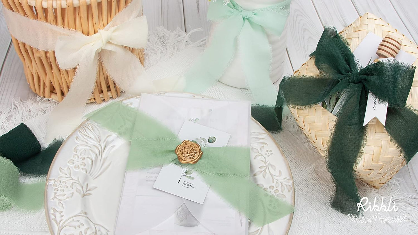 Ribbli Forest Green Chiffon Ribbon 1-1/2 inch x 20 Yard Handmade Fringe Chiffon Silk Ribbon,Black Ribbon for Wedding Invitations, Bridal Bouquets Wrapping, Flower Arrangement Decoration