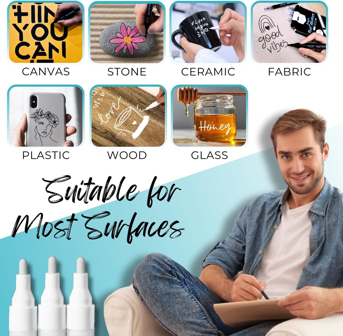 Utillo Craft White+Black Paint Pen (8-Pack) Medium Tip Made in Japan | Bold Color+100% Coverage | For Rock, Wood, Glass, Paper, Fabric, Canvas, Metal and More! | 2-3mm Paint Pens | Acrylic Paint Pens