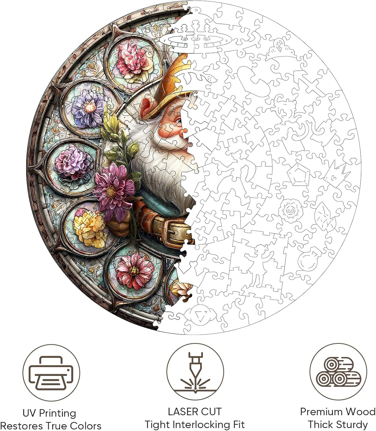 Wooden Puzzles for Adults, Gnome Puzzle 476 Pieces, Unique Shaped Jigsaw Puzzles for Adults and Kids, Birthday Gifts Fun Challenge Family Game 16.5'' x 16.5''