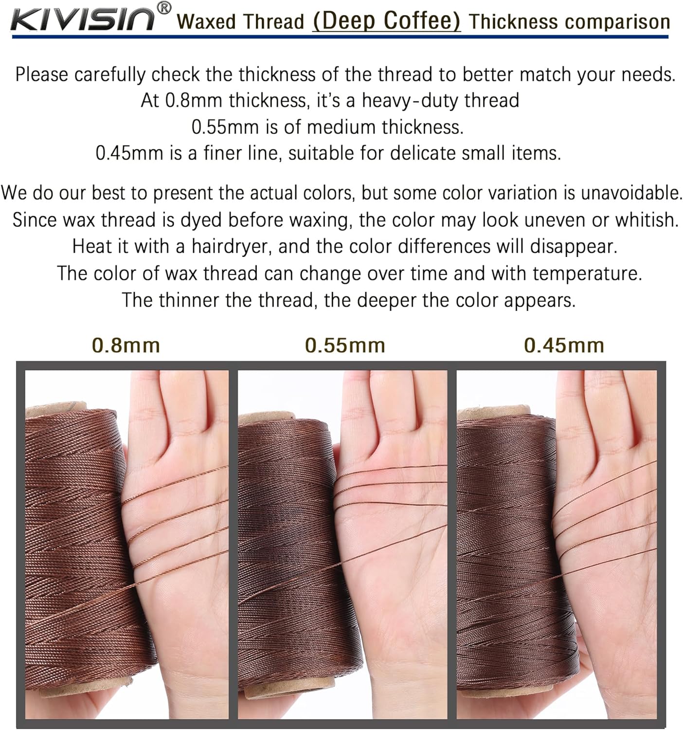 Bonded 0.8mm Round Waxed Polyester Cord, 3-ply Wax Coated Thread, 197 Yards Stiff String for Heavy Duty Fabric, Leather Sewing, Book Binding, Upholstery Repair, and Macrame Jewelry - Deep Coffee