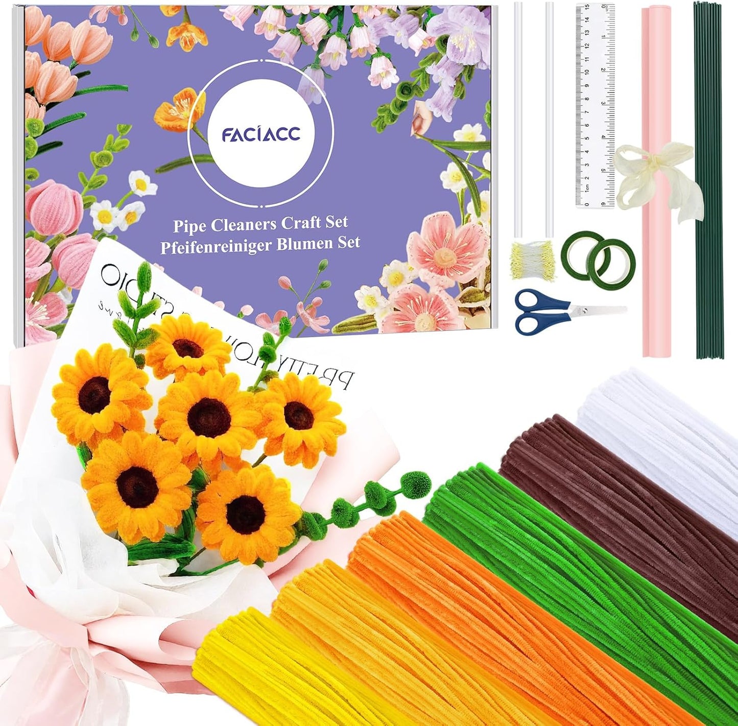 FACIACC 600PCS Pipe Cleaners Craft, 6 Assorted Colors Chenille Stems for DIY Bouquet Christmas Gift Party Decor (Yellow)