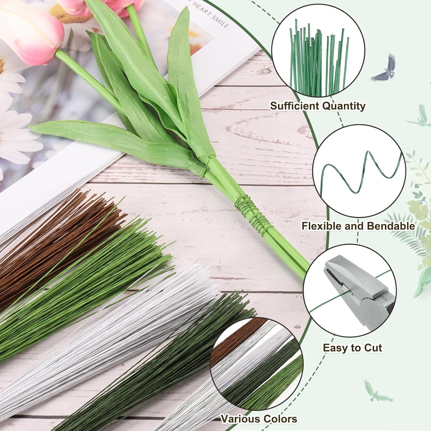 PATIKIL 32 Inch 22 Gauge Floral Stem Wire, 5 Pack/200 Pieces Bouquet Stem Paper Wrapped for DIY Crafts Flower Arrangements, Green