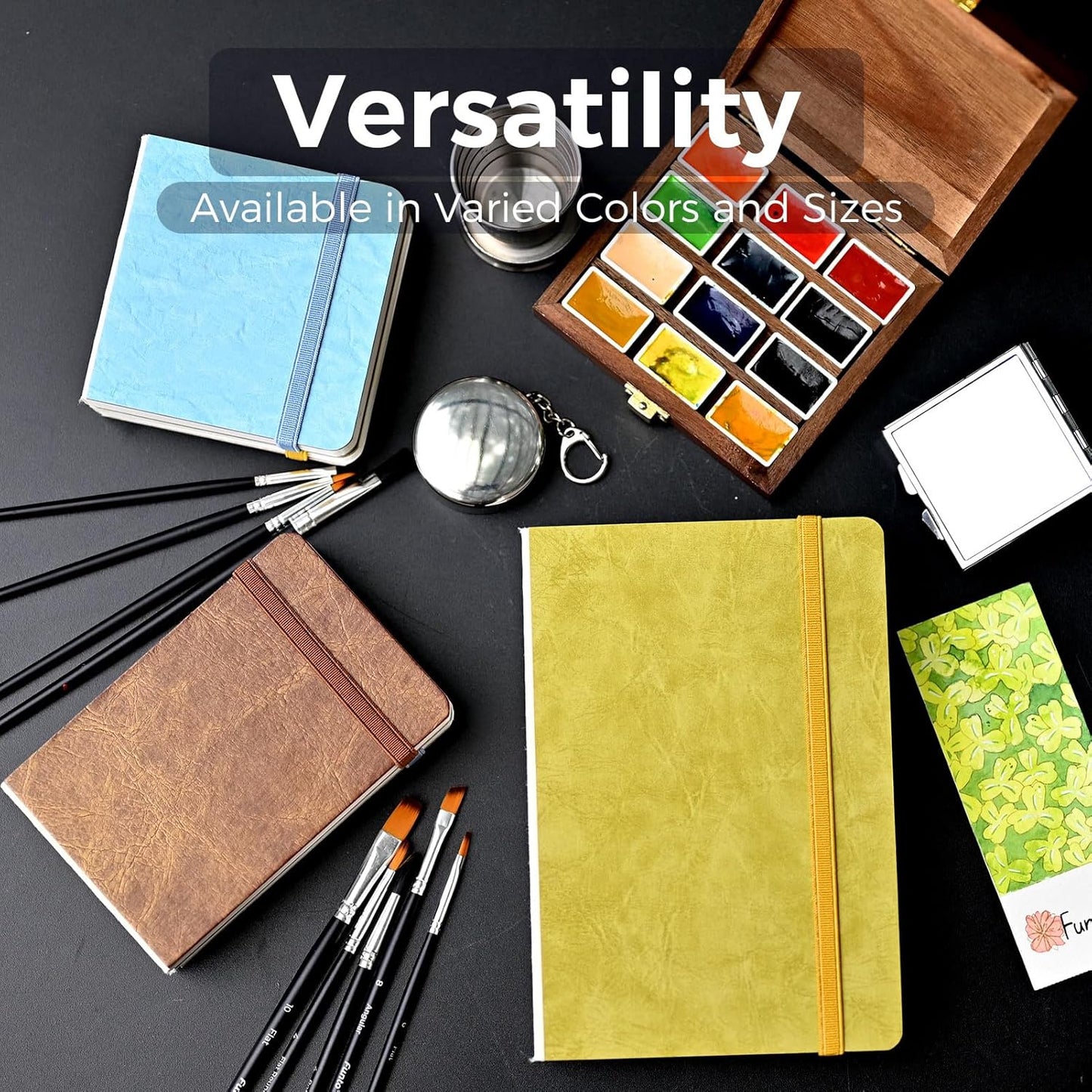 Funto Watercolor Journal 2-Pack, 3.9x3.9, 44 Pages Each,Cold-Pressed 100% Cotton,PU Leather Blue Hard Cover, Art Supplies for Mixed Media