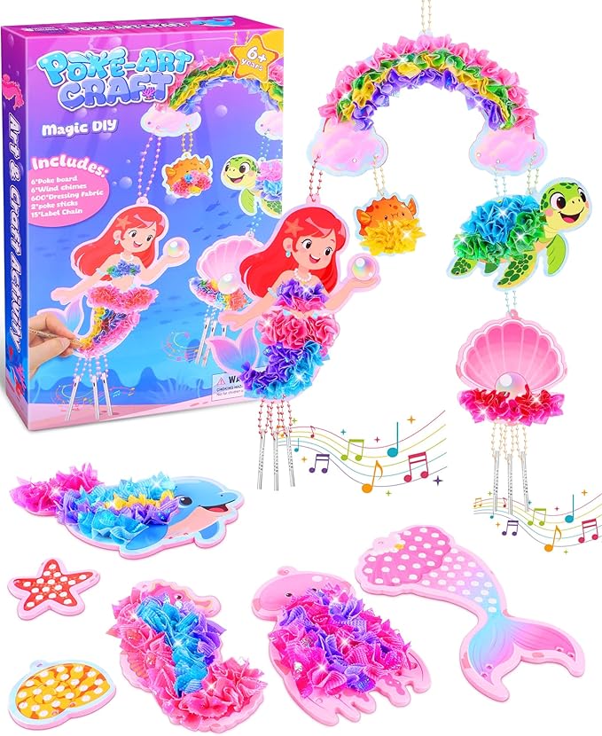 Ancitoy Ocean Mermaid Poke Art Wind Chime Craft Kit – DIY Arts and Crafts for Kids Ages 4-9, Mess-Free Fabric Art Activity, Creative Birthday Gift for Girls and Boys