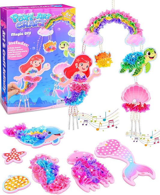 Ancitoy Ocean Mermaid Poke Art Wind Chime Craft Kit – DIY Arts and Crafts for Kids Ages 4-9, Mess-Free Fabric Art Activity, Creative Birthday Gift for Girls and Boys